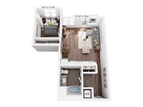 Floor plan for 1 bed, 1 bath, 628 sqft